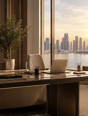 An executive desk overlooking the waterfront